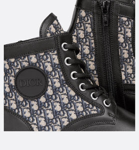 Kid's Dior Explorer Ankle Boot • Black Smooth Calfskin and Beige and Blue Dior Oblique Jacquard