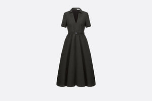 Mid-Length Belted Dress • Black Matte Cloqué Technical Fabric