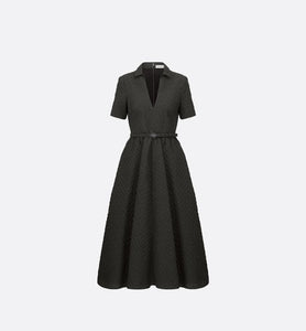 Mid-Length Belted Dress • Black Matte Cloqué Technical Fabric