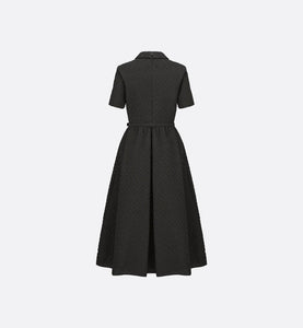Mid-Length Belted Dress • Black Matte Cloqué Technical Fabric