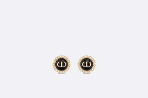 Petit CD Stud Earrings • Gold-Finish Metal and White Resin Pearls with Black Glass