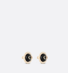 Petit CD Stud Earrings • Gold-Finish Metal and White Resin Pearls with Black Glass