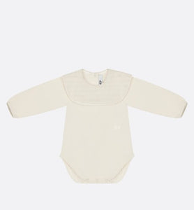 Baby Long-Sleeved Onesie • Ivory Jersey and Cotton Voile with Gold-Tone Cannage