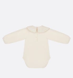 Baby Long-Sleeved Onesie • Ivory Jersey and Cotton Voile with Gold-Tone Cannage