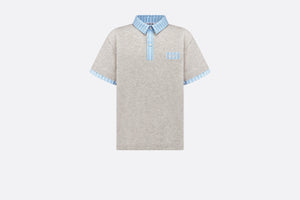 Kid's Polo Shirt • Heathered Gray Cotton Jersey and White Cotton Poplin with Sky Blue Stripes