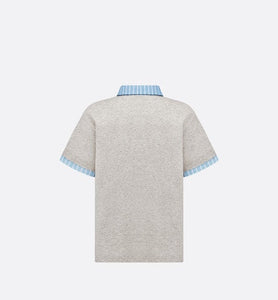 Kid's Polo Shirt • Heathered Gray Cotton Jersey and White Cotton Poplin with Sky Blue Stripes
