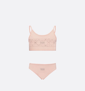 Kid's Two-Piece Swimsuit • Pale Pink Technical Fabric with Pale Gold-Tone Cannage Motif