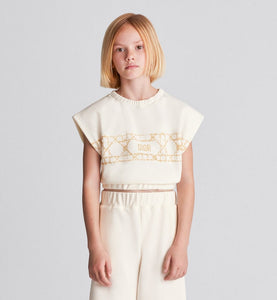 Kid's Sleeveless Cropped T-Shirt • Ivory Cotton-Blend Fleece with Pale Gold-Tone Cannage Motif