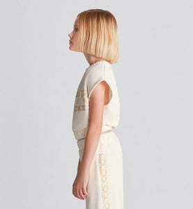 Kid's Sleeveless Cropped T-Shirt • Ivory Cotton-Blend Fleece with Pale Gold-Tone Cannage Motif