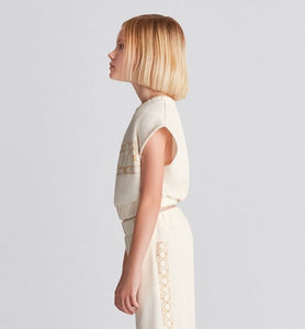 Kid's Sleeveless Cropped T-Shirt • Ivory Cotton-Blend Fleece with Pale Gold-Tone Cannage Motif