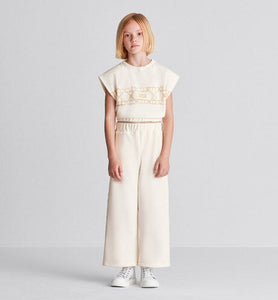 Kid's Loose Pants • Ivory Cotton-Blend Fleece with Pale Gold-Tone Cannage Motif