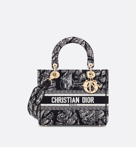 Medium Lady D-Lite Bag • Black and White Plan de Paris Embroidery