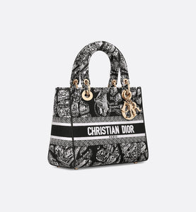 Medium Lady D-Lite Bag • Black and White Plan de Paris Embroidery