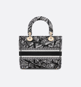 Medium Lady D-Lite Bag • Black and White Plan de Paris Embroidery