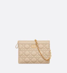 Dior Caro Zipped Pouch with Chain • Sand-Colored Supple Cannage Calfskin