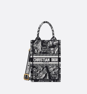 Mini Dior Book Tote Phone Bag • Black and White Plan de Paris Embroidery (13 x 18 x 5 cm)