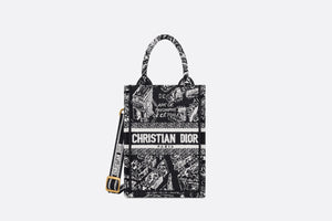Mini Dior Book Tote Phone Bag • Black and White Plan de Paris Embroidery (13 x 18 x 5 cm)