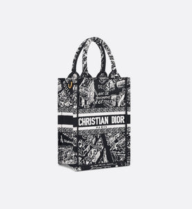 Mini Dior Book Tote Phone Bag • Black and White Plan de Paris Embroidery (13 x 18 x 5 cm)