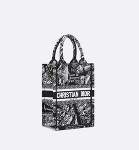 Mini Dior Book Tote Phone Bag • Black and White Plan de Paris Embroidery (13 x 18 x 5 cm)