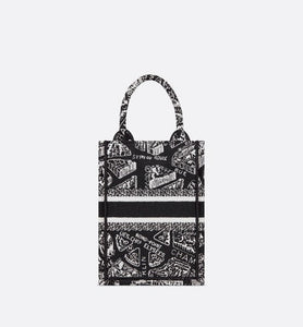 Mini Dior Book Tote Phone Bag • Black and White Plan de Paris Embroidery (13 x 18 x 5 cm)