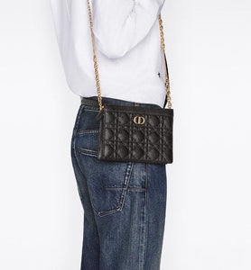 Dior Caro Zipped Pouch with Chain • Sand-Colored Supple Cannage Calfskin