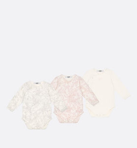 Gift Set with Three Long-Sleeved Onesies • Ivory Cotton Interlock with Pink and Light Gray Lily of the Valley Print