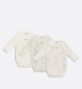 Gift Set with Three Long-Sleeved Onesies • Ivory Cotton Interlock with Green and Gray Lily of the Valley Print