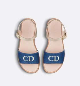 Kid's Sandal • Pale Gold-Tone Smooth Calfskin and Blue Cotton Denim