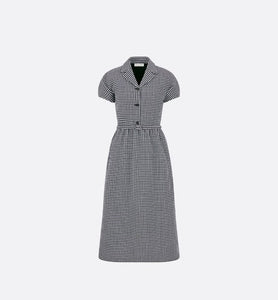Regular-Fit Mid-Length Dress with Puff Sleeves • Black and White Houndstooth Wool