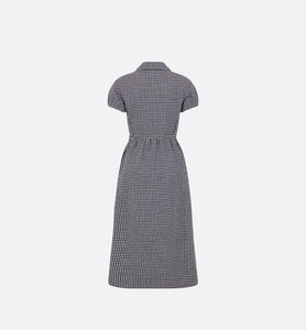Regular-Fit Mid-Length Dress with Puff Sleeves • Black and White Houndstooth Wool