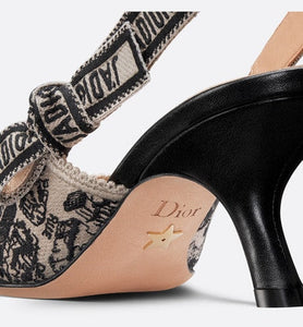 J'Adior Slingback Pump • Beige and Black Cotton Embroidered with Plan de Paris Motif