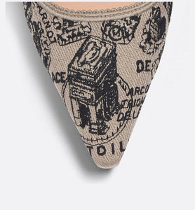J'Adior Slingback Pump • Beige and Black Cotton Embroidered with Plan de Paris Motif