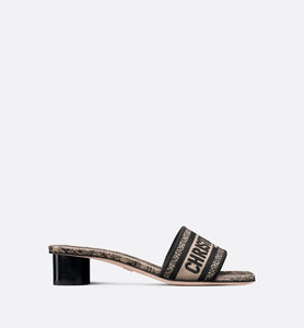 Dway Heeled Slide • Beige and Black Cotton Embroidered with Plan de Paris Motif