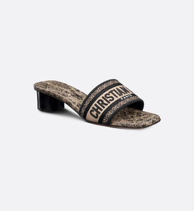 Dway Heeled Slide • Beige and Black Cotton Embroidered with Plan de Paris Motif