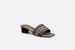 Dway Heeled Slide • Beige and Black Cotton Embroidered with Plan de Paris Motif