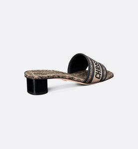 Dway Heeled Slide • Beige and Black Cotton Embroidered with Plan de Paris Motif