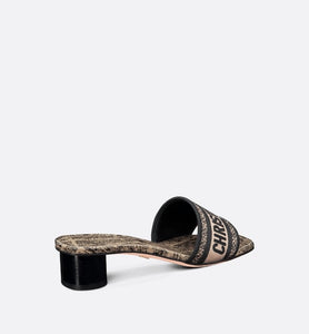 Dway Heeled Slide • Beige and Black Cotton Embroidered with Plan de Paris Motif