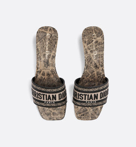 Dway Heeled Slide • Beige and Black Cotton Embroidered with Plan de Paris Motif