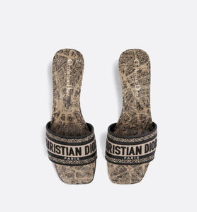 Dway Heeled Slide • Beige and Black Cotton Embroidered with Plan de Paris Motif