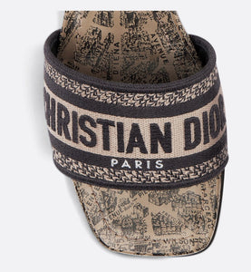 Dway Heeled Slide • Beige and Black Cotton Embroidered with Plan de Paris Motif