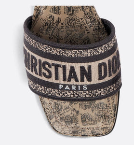 Dway Heeled Slide • Beige and Black Cotton Embroidered with Plan de Paris Motif