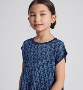 Kid's A-Line Dress • Light Blue and Blue Dior Oblique Jacquard Knit Blend with Metallic Thread