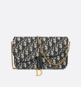 Saddle Pouch with Chain • Blue Dior Oblique Jacquard