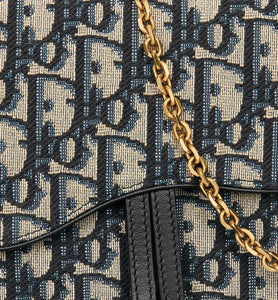 Saddle Pouch with Chain • Blue Dior Oblique Jacquard