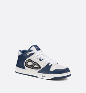 B57 Mid-Top Sneaker • Navy Blue and White Smooth Calfskin with Beige and Black Dior Oblique Jacquard