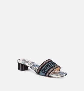 Dway Heeled Slide • Pastel Midnight Blue Multicolor Embroidered Cotton with Toile de Jouy Mexico Motif