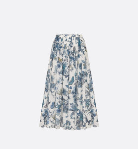 Flared Mid-Length Skirt • White and Pastel Midnight Blue Cotton Voile with Toile de Jouy Mexico Motif