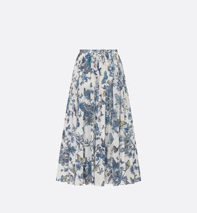 Flared Mid-Length Skirt • White and Pastel Midnight Blue Cotton Voile with Toile de Jouy Mexico Motif