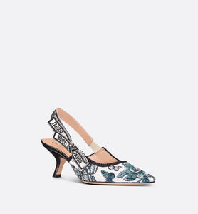 J'Adior Slingback Pump • Pastel Midnight Blue Multicolor Embroidered Cotton with Toile de Jouy Mexico Motif