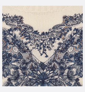 Embroidered Sweater • Ecru Cashmere Knit with Pastel Midnight Blue Butterfly Around The World Motif